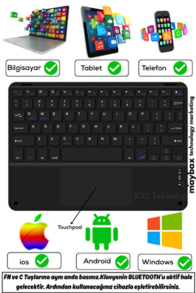 Maybax Tüm Cihazlara Uyumlu Akıllı Taşınabilir Şarjlı Kablosuz Bluetooth & Wireless Klavye Touchpad (Mouse)