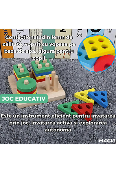 MACVI Jucarie Tip Sortat Macvi® pentru Copii, 16 Piese, Forme Geometrice, 4 Coloane de Sortare