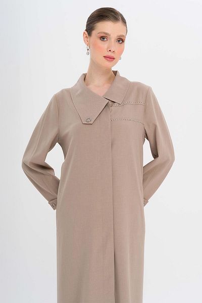 Olcay Wzór kołnierza chusteczki i szczegółowy kamień bez podszewki Plus Size Coat VİZON 6714