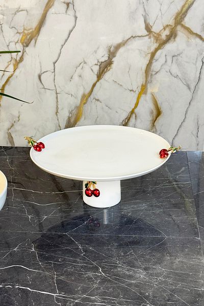 MAY HOME Cherry Figured Round Porcelain Footed Presentation Plate & Cake Pastry Cookie Serving Stand