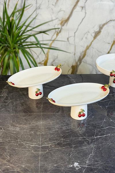 MAY HOME 2-Piece Cherry Figured Boat Porcelain Footed Presentation Plate & Salad Appetizer Serving Stand