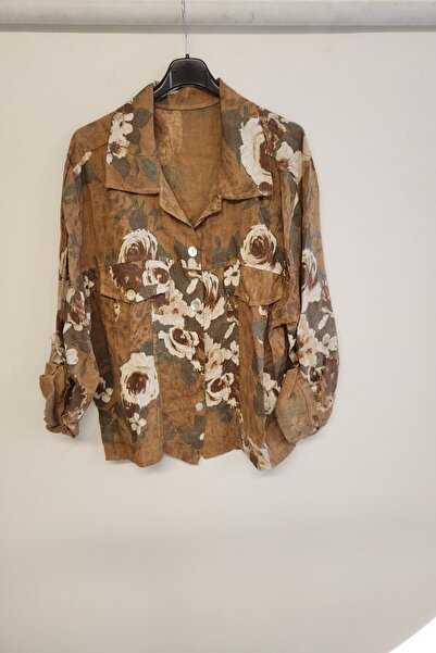 della moor Camel Women's Italian Rose Patterned Foldable Long Sleeve O Oversized Linen Shirt