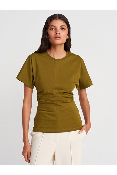 Dilvin 31585 Drape Detailed T-Shirt-Dark Green