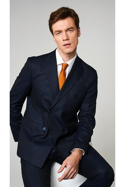SÜVARİ Navy Blue Slim Fit Patterned Pointed Collar 6 Drop Classic Suit