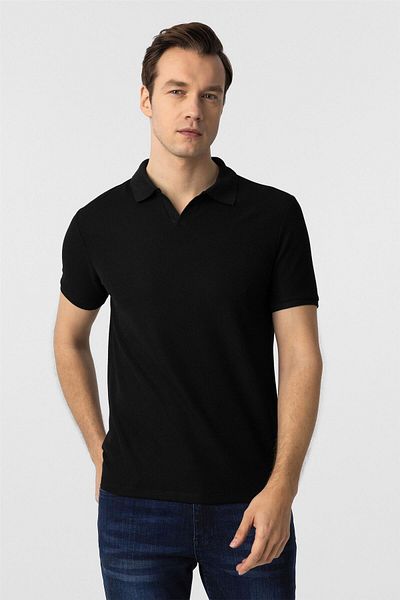 SÜVARİ Черна тениска с поло яка Slim Fit Dobby