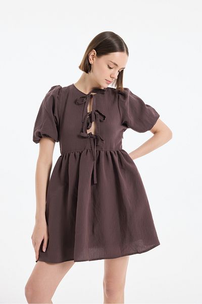 Quzu Balloon Sleeve Bow Tie Mini Dress Brown
