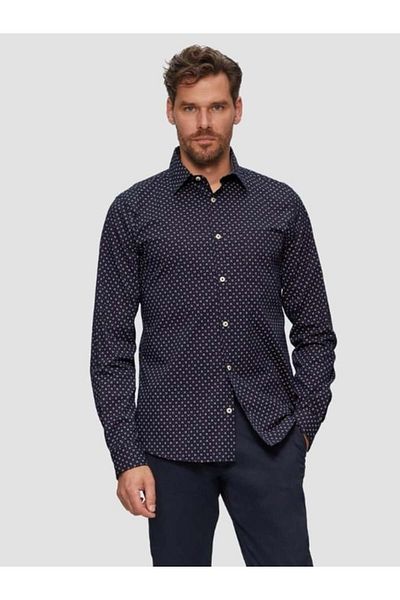 s.Oliver Men's Long-sleeved Shirt, Polka Dot Print, Slim Fit, Navy