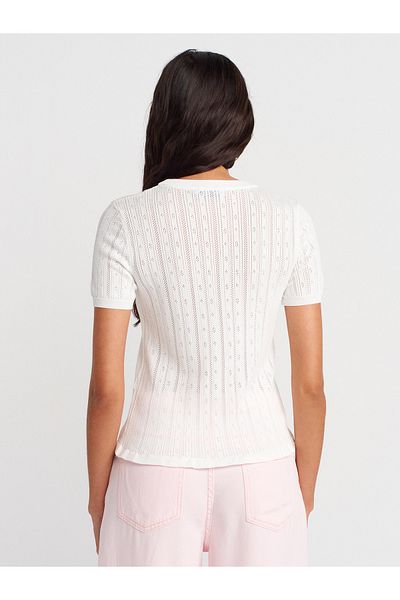Dilvin 10762 Crew Neck Openwork Ruffled Blouse-White