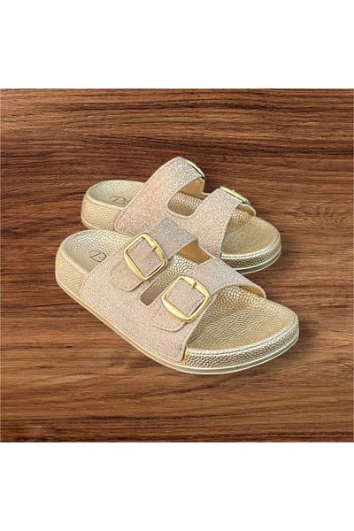pien Pienn Women's Gold Silvery Ultrasoft Sole Orthopedic Double Buckle Slippers
