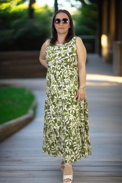 yagmurberen Japone Sleeve (Sleeveless) Flounced Floral Patterned Medium Large Size Cotton Viscose Dress