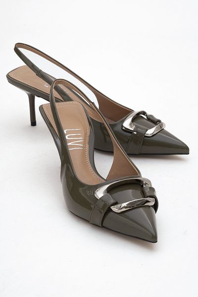 LuviShoes Lustre Khaki Patent Leather Buckle Pointed Toe Women's Heeled Shoes
