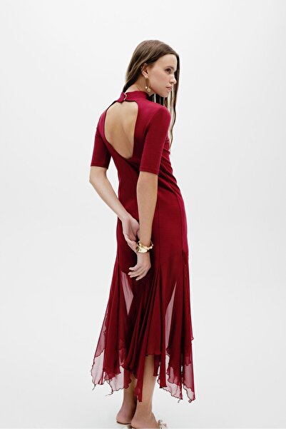 AURA BEA ŞİFON DETAY MİDİ ELBİSE BORDO