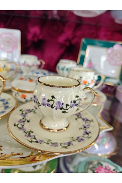 manushum El Boyama Porselen Mine Kahve Fincanı-mor 1 Adet