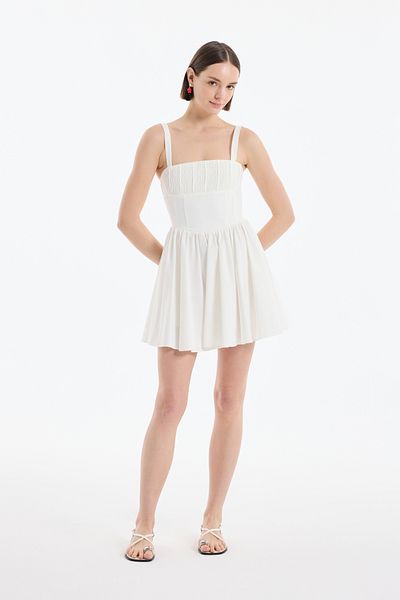 Quzu Thick Strap Pleated Mini Dress Ecru