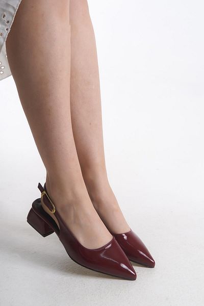 Bak Store Cherry Red Claret Red Patent Leather Gold Buckle Detailed Women's Thick Heeled Shoes