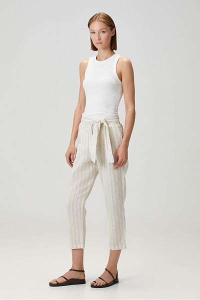 Barine Linen Trousers - Natural/Striped, Belted Design