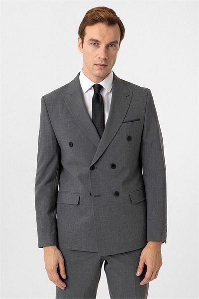 SÜVARİ Cavalry Tight Fit Striped Gray Double Breasted Suit