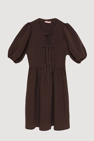 Quzu Balloon Sleeve Bow Tie Mini Dress Brown