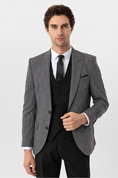 SÜVARİ Siyah Slim Fit Desenli Sivri Yaka 6 Drop Yelekli Klasik Takım Elbise