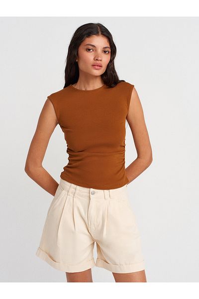 Dilvin 21054 Shirred Basic T-Shirt-Red Tile
