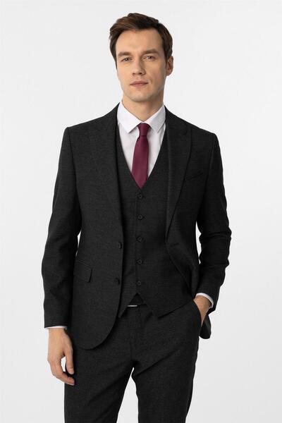 SÜVARİ Siyah Slim Fit Desenli Sivri Yaka 6 Drop Yelekli Klasik Takım Elbise