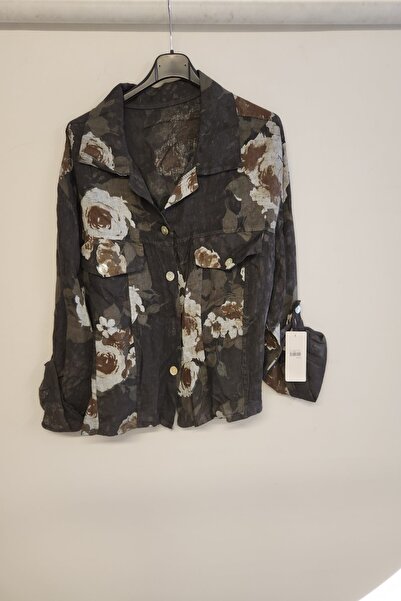 della moor Anthracite Women's Italian Rose Patterned Foldable Long Sleeve O Oversized Linen Shirt