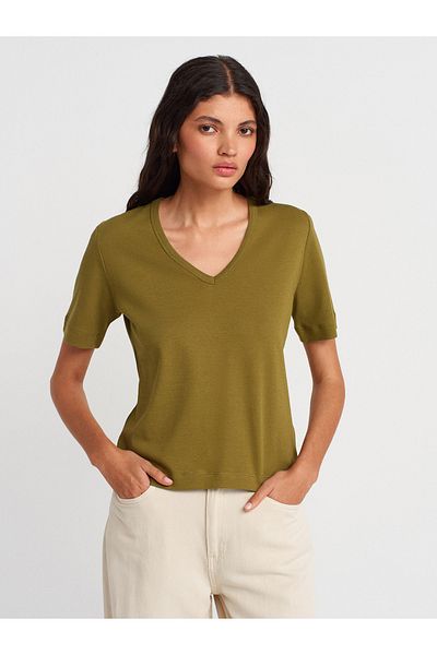 Dilvin 31840 V-Neck Short Sleeve T-Shirt-Fat Green