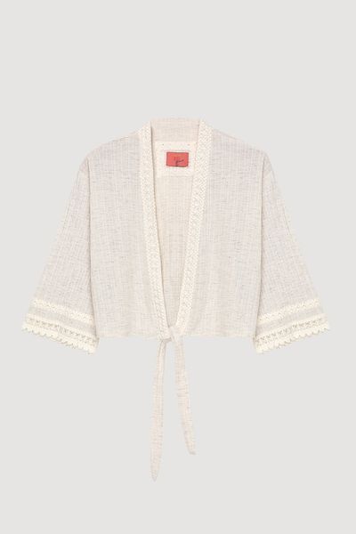Quzu Striped Lace Tie Kimono Natural