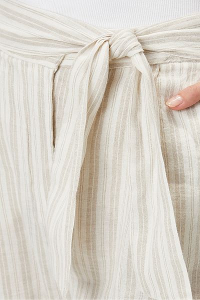 Barine Linen Trousers - Natural/Striped, Belted Design