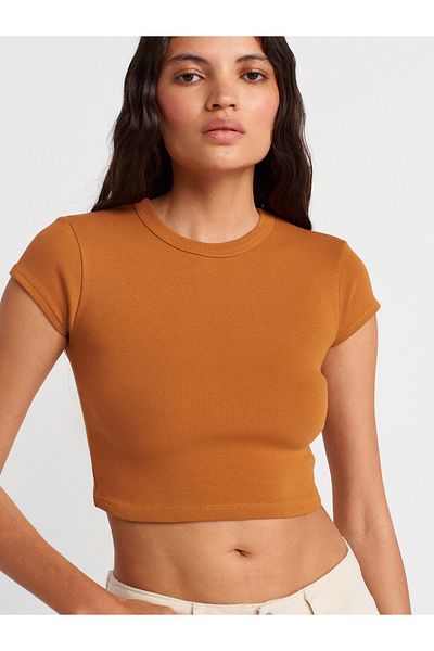 Dilvin 31810 Crew Neck Crop T-Shirt-A.Tile