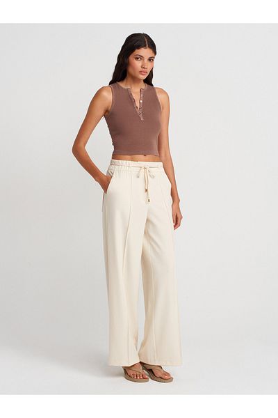 Dilvin 71662 Wide Leg Trousers with Elastic Waist-Ecru