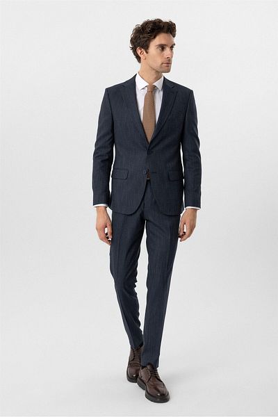 SÜVARİ Navy Blue Slim Fit Patterned Mono Collar 6 Drop Classic Suit