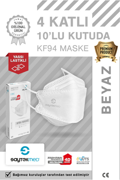 SAYTEKMED KF94 Kore Tipi 4 Katlı Beyaz Maske Tekli Poşet, Uv Steril (10 ADET/1 KUTU)