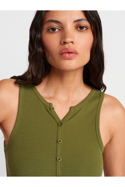 Dilvin 91467 Button Detailed Maxi Dress-Khaki