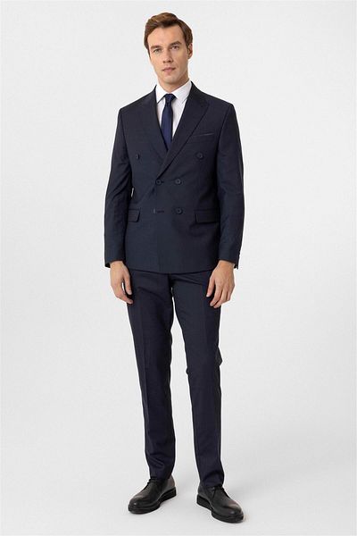 SÜVARİ Navy Blue Slim Fit Patterned Pointed Collar 6 Drop Classic Suit