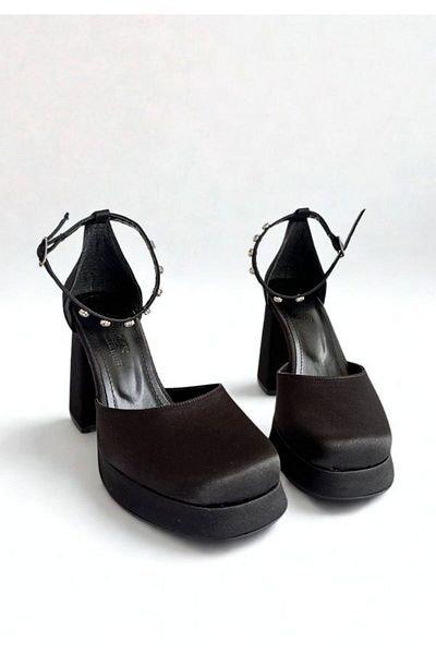 Favi Ayakkabı Black Satin Ankle Stone Detailed Closed Toe Platform Heeled Evening Dress Shoes