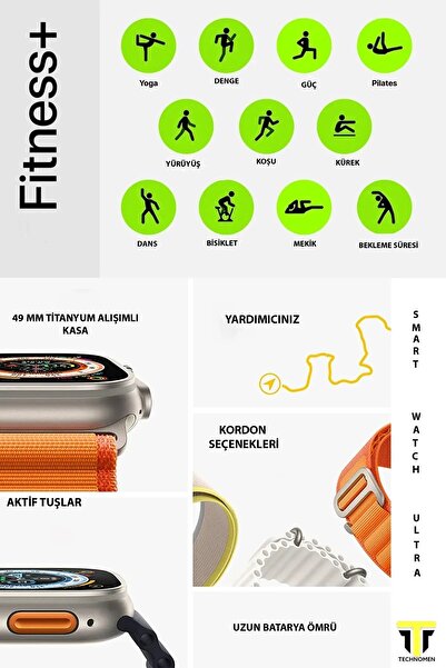 TECHNOMEN Akıllı Saat Y60 Ultra Plus 7 Kordon Hediye,Kulaklık, Kasa Koruma Kırılmaz Cam Smart Watch