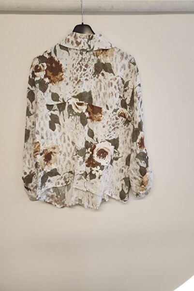 della moor White Women's Italian Rose Patterned Foldable Long Sleeve O Oversized Linen Shirt