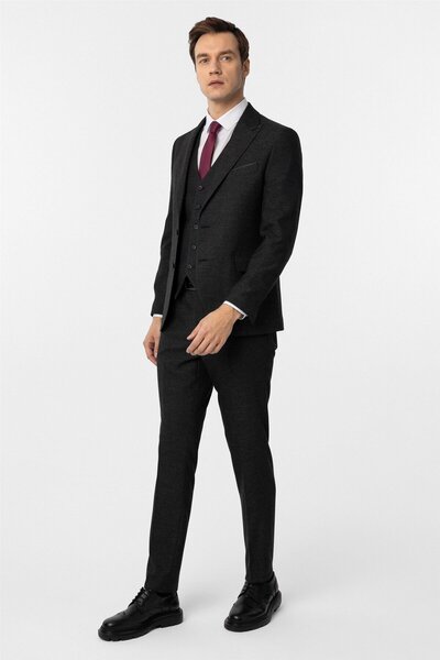 SÜVARİ Siyah Slim Fit Desenli Sivri Yaka 6 Drop Yelekli Klasik Takım Elbise