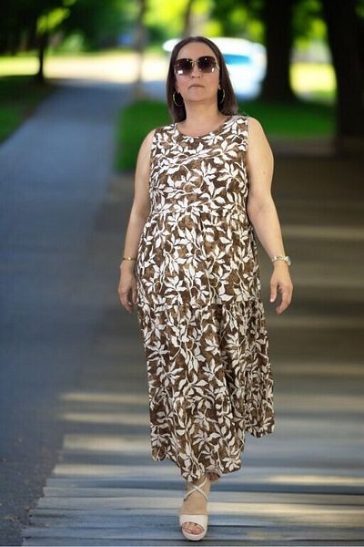 yagmurberen Japanese Sleeveless (Sleeveless) 3 Layer Volume Flowers Patterned Medium Length Plus Size Cotton Viscose Dress