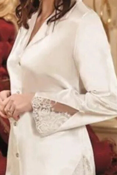 Mavelle Women's Ecru Satin Lace Detailed Henna Dowry Pajama Set 5689