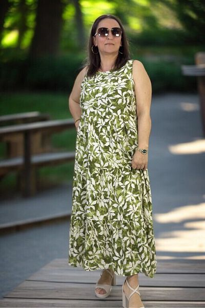 yagmurberen Japanese Sleeveless (Sleeveless) 3 Layer Volume Flowers Patterned Medium Length Plus Size Cotton Viscose Dress