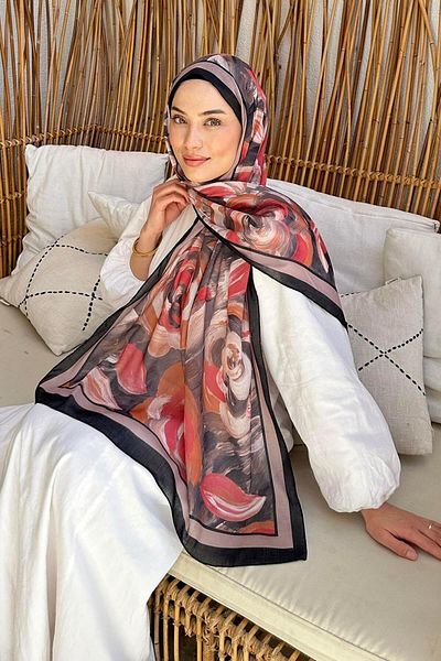 lamelif Flower Pattern Cotton Shawl Black Mink