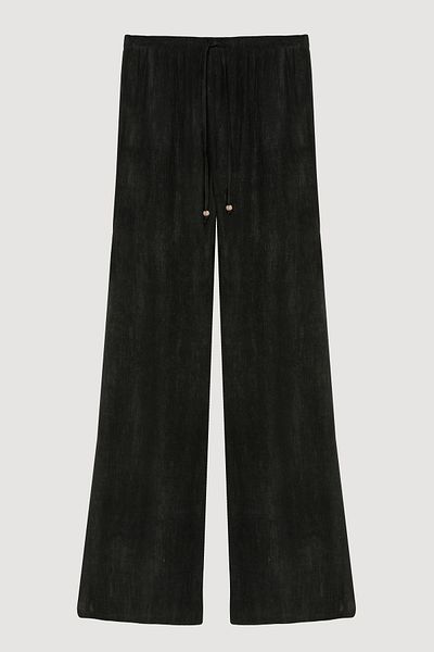 Quzu Patterned Wide Leg Trousers with Elastic Waist Black