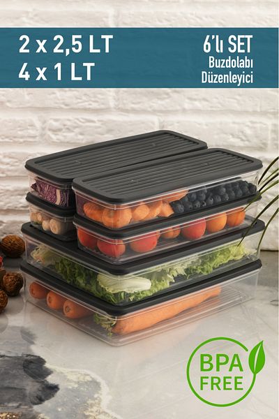 Leila 6 Pcs Anthracite Lid Storage Container, Suitable for Refrigerator Organizer Microwave and Freeze 9Lt