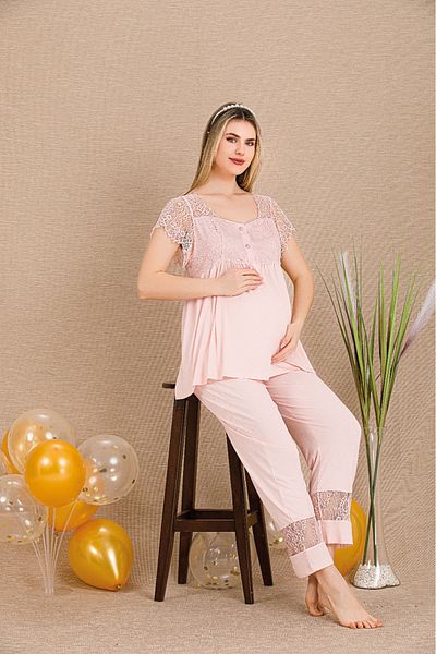 Lady Lingerie Button Collar Short Sleeve Lace Detailed Maternity-Pregnant Pajama Set