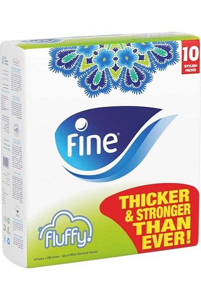 FINE Facial Tissue Pack 200 Sheets x 2 Ply, Bundle of 10 Sterilized Fluffy Tissues