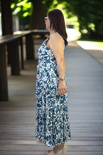 yagmurberen Japanese Sleeveless (Sleeveless) 3 Layer Volume Flowers Patterned Medium Length Plus Size Cotton Viscose Dress