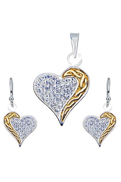 Sterling Silver Set de cercei şi pandantiv inimă - zirconii, dungă de aur.