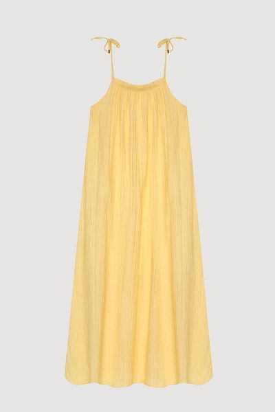 Quzu Seersucker Long Dress with Binding Rope Straps Yellow